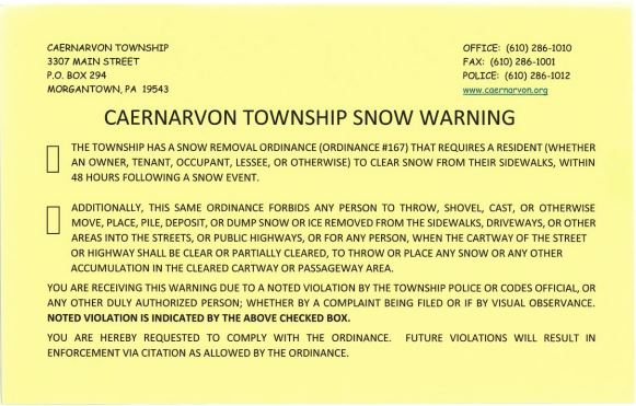 Caernarvon Twp Snow Removal Warning 